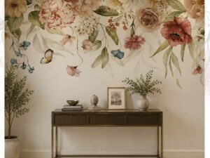 Watercolor floral wallpaper with oversized blossoms, butterflies, and soft botanical details