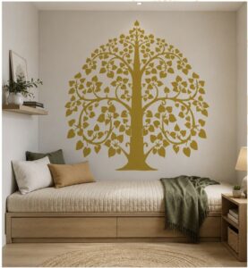 Golden Tree of Life wall decal on a minimalist bedroom wall.