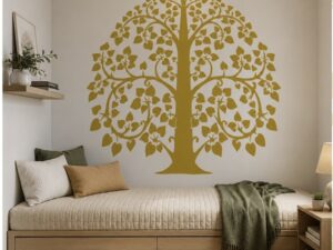 Golden Tree of Life wall decal on a minimalist bedroom wall.
