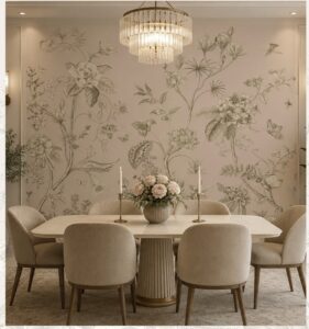 Elegant botanical sketch wallpaper with vintage floral illustrations in a modern dining room