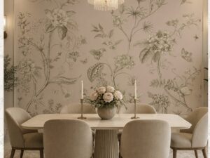 Elegant botanical sketch wallpaper with vintage floral illustrations in a modern dining room