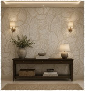 Beige abstract leaf pattern wallpaper with elegant botanical line art.