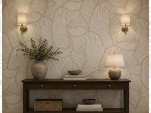 Beige abstract leaf pattern wallpaper with elegant botanical line art.