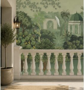 Tropical garden wallpaper mural with lush greenery, classical pavilion, archway, and white peacock.