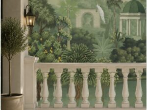 Tropical garden wallpaper mural with lush greenery, classical pavilion, archway, and white peacock.