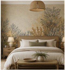 Neutral botanical wallpaper with delicate wild plants in earthy beige and grey tones.