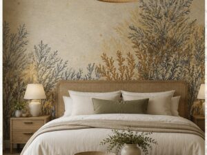 Neutral botanical wallpaper with delicate wild plants in earthy beige and grey tones.