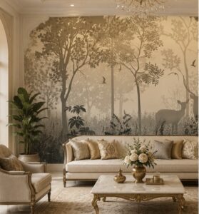 Sepia forest wallpaper mural with silhouetted trees, birds, and deer in a misty woodland landscape.