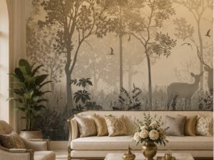 Sepia forest wallpaper mural with silhouetted trees, birds, and deer in a misty woodland landscape.