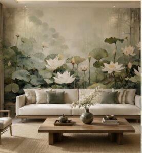 Serene lotus pond wallpaper mural with blooming white lotus flowers and soft misty botanical scenery.