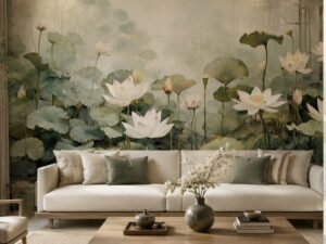 Serene lotus pond wallpaper mural with blooming white lotus flowers and soft misty botanical scenery.