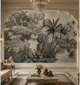Monochrome tropical jungle wallpaper mural with lush foliage, trees, and a serene riverside landscape.