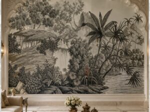 Monochrome tropical jungle wallpaper mural with lush foliage, trees, and a serene riverside landscape.