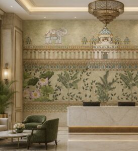 Heritage wallpaper mural featuring palace architecture, elephants, lotus flowers, and tropical foliage in elegant earthy tones.