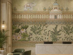 Heritage wallpaper mural featuring palace architecture, elephants, lotus flowers, and tropical foliage in elegant earthy tones.