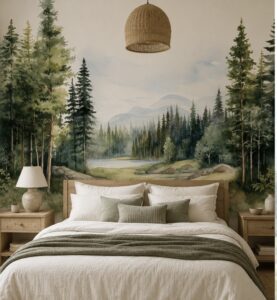 Forest landscape wallpaper mural featuring pine trees, mountains, and a tranquil lake behind a modern bedroom.
