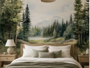 Forest landscape wallpaper mural featuring pine trees, mountains, and a tranquil lake behind a modern bedroom.