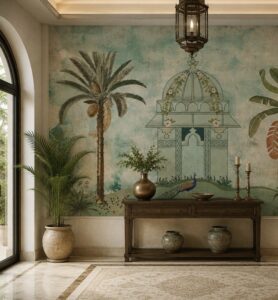 Vintage tropical wallpaper mural with palm trees, peacock, and architectural pavilion in soft pastel tones.