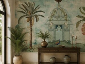 Vintage tropical wallpaper mural with palm trees, peacock, and architectural pavilion in soft pastel tones.