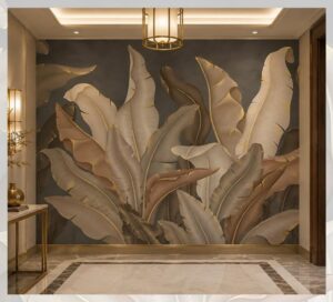 Contemporary tropical wallpaper mural featuring oversized banana leaves in warm beige, taupe, and bronze tones against a charcoal background.