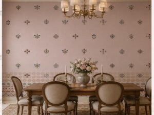 Soft blush pink wallpaper featuring delicate multicolored floral buta motifs with a decorative border, styled in an elegant dining room.