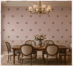 Soft blush pink wallpaper featuring delicate multicolored floral buta motifs with a decorative border, styled in an elegant dining room.