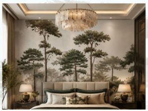 Nature-inspired wallpaper mural featuring tall pine trees in a misty forest landscape with soft green and earthy tones behind a bedroom.