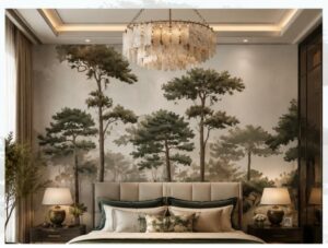 Nature-inspired wallpaper mural featuring tall pine trees in a misty forest landscape with soft green and earthy tones behind a bedroom.