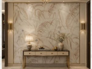 Soft beige botanical wallpaper mural featuring delicate birds, graceful grasses, and subtle foliage in neutral tones for a luxurious feature wall.