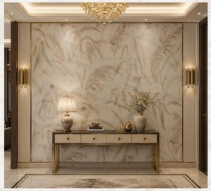 Soft beige botanical wallpaper mural featuring delicate birds, graceful grasses, and subtle foliage in neutral tones for a luxurious feature wall.