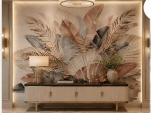 Elegant tropical wallpaper mural featuring layered palm and banana leaves in soft beige, taupe, blush, and charcoal tones.