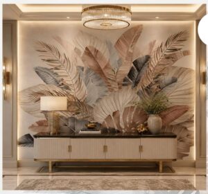Elegant tropical wallpaper mural featuring layered palm and banana leaves in soft beige, taupe, blush, and charcoal tones.