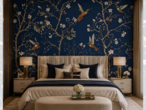: Luxurious navy blue wallpaper featuring flowering tree branches with hummingbirds, creating an elegant botanical accent wall behind a bed.