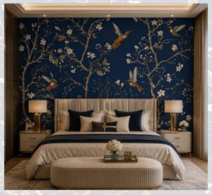 : Luxurious navy blue wallpaper featuring flowering tree branches with hummingbirds, creating an elegant botanical accent wall behind a bed.