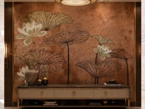 Contemporary wallpaper featuring stylized lotus flowers and oversized lotus leaves on a textured terracotta background.