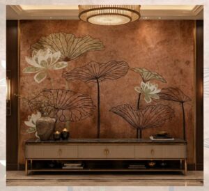 Contemporary wallpaper featuring stylized lotus flowers and oversized lotus leaves on a textured terracotta background.