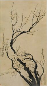 Traditional East Asian ink wash painting of flowering plum branches with delicate blossoms on a warm beige background.