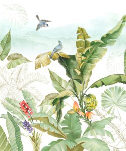 Watercolor tropical wallpaper featuring lush banana leaves, exotic foliage, colorful tropical flowers, and blue birds on a soft white background.