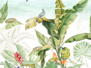 Watercolor tropical wallpaper featuring lush banana leaves, exotic foliage, colorful tropical flowers, and blue birds on a soft white background.
