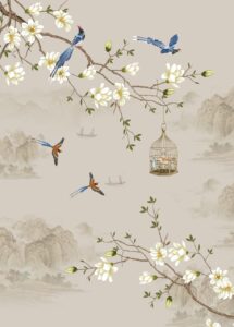 Elegant wallpaper featuring blooming white magnolia branches, colorful birds, a decorative birdcage, and a misty landscape on a warm beige background.