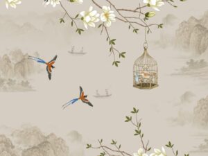 Elegant wallpaper featuring blooming white magnolia branches, colorful birds, a decorative birdcage, and a misty landscape on a warm beige background.