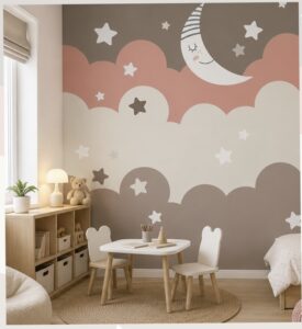 Cute nursery wallpaper featuring smiling crescent moon, fluffy pastel clouds, and white stars on a soft neutral background for children's rooms.