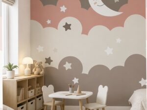 Cute nursery wallpaper featuring smiling crescent moon, fluffy pastel clouds, and white stars on a soft neutral background for children's rooms.