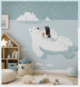 Cute kids' wallpaper mural featuring a friendly polar bear carrying a penguin across icy Arctic waters with icebergs and snowflakes in soft pastel blue tones.