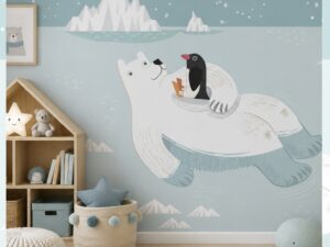 Cute kids' wallpaper mural featuring a friendly polar bear carrying a penguin across icy Arctic waters with icebergs and snowflakes in soft pastel blue tones.