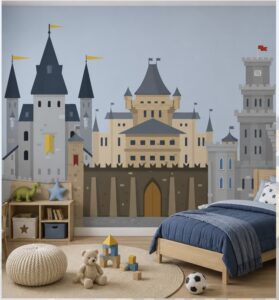 Playful castle wallpaper mural featuring medieval castles with towers, flags, and soft blue skies, designed for a children's bedroom or playroom.