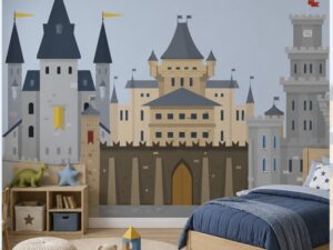 Playful castle wallpaper mural featuring medieval castles with towers, flags, and soft blue skies, designed for a children's bedroom or playroom.