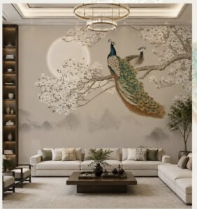 Luxury wallpaper mural featuring majestic peacocks perched on blooming magnolia branches with a soft moonlit backdrop in neutral tones.