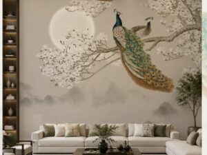 Luxury wallpaper mural featuring majestic peacocks perched on blooming magnolia branches with a soft moonlit backdrop in neutral tones.
