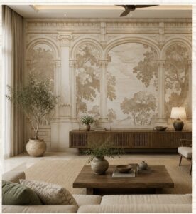 Elegant wallpaper mural featuring classical stone arches framing a serene landscape in soft beige and warm neutral tones.